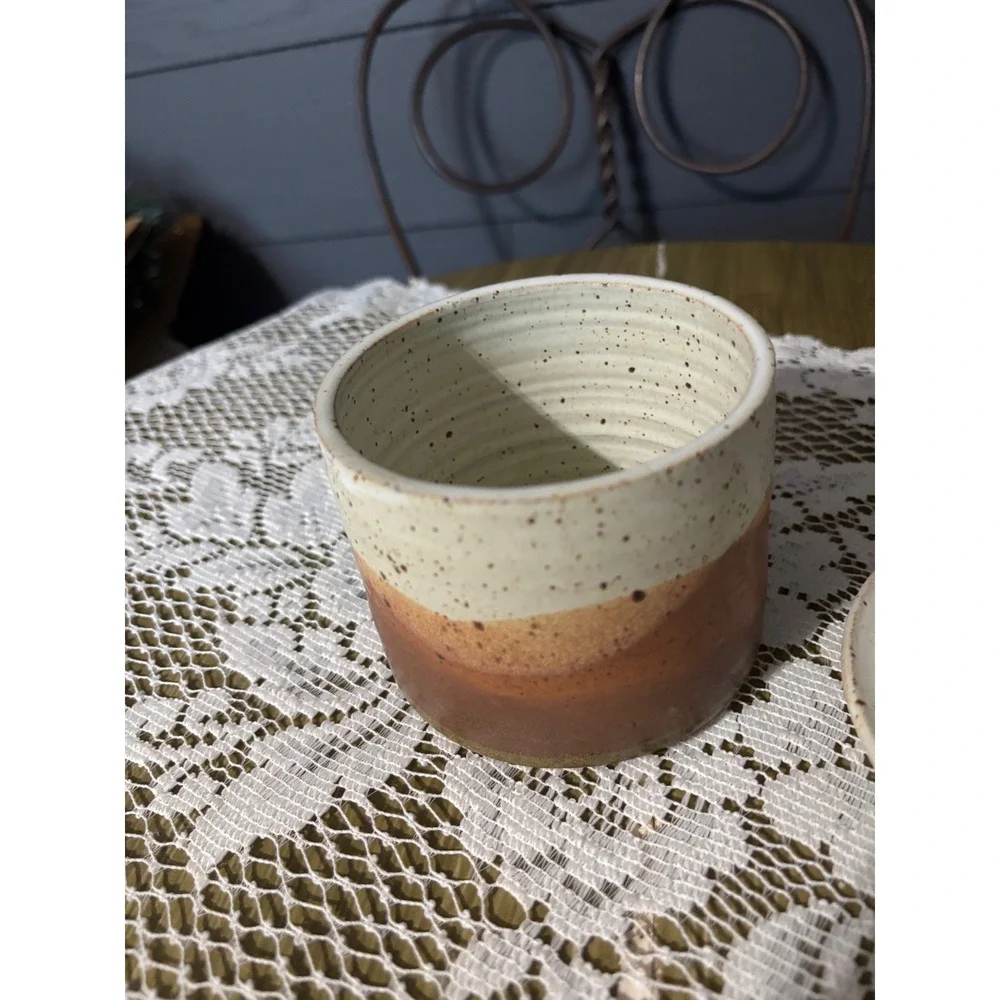 Windfall Studio Pottery Butter Bell Crock Speckled Cream Brown Stoneware Signed